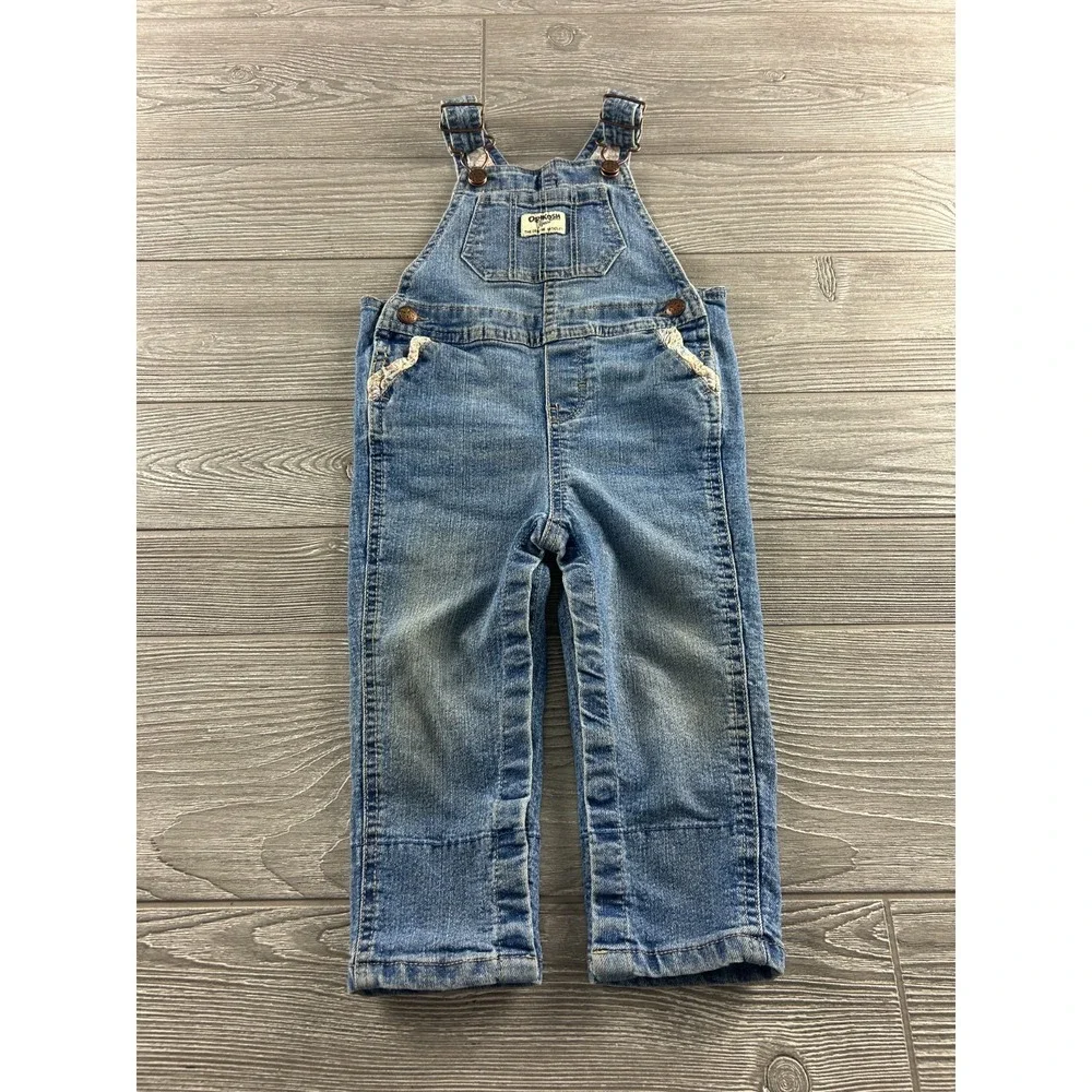OshKosh B'Gosh Denim Overalls Floral Accents Adjustable Straps Toddler Size 18M